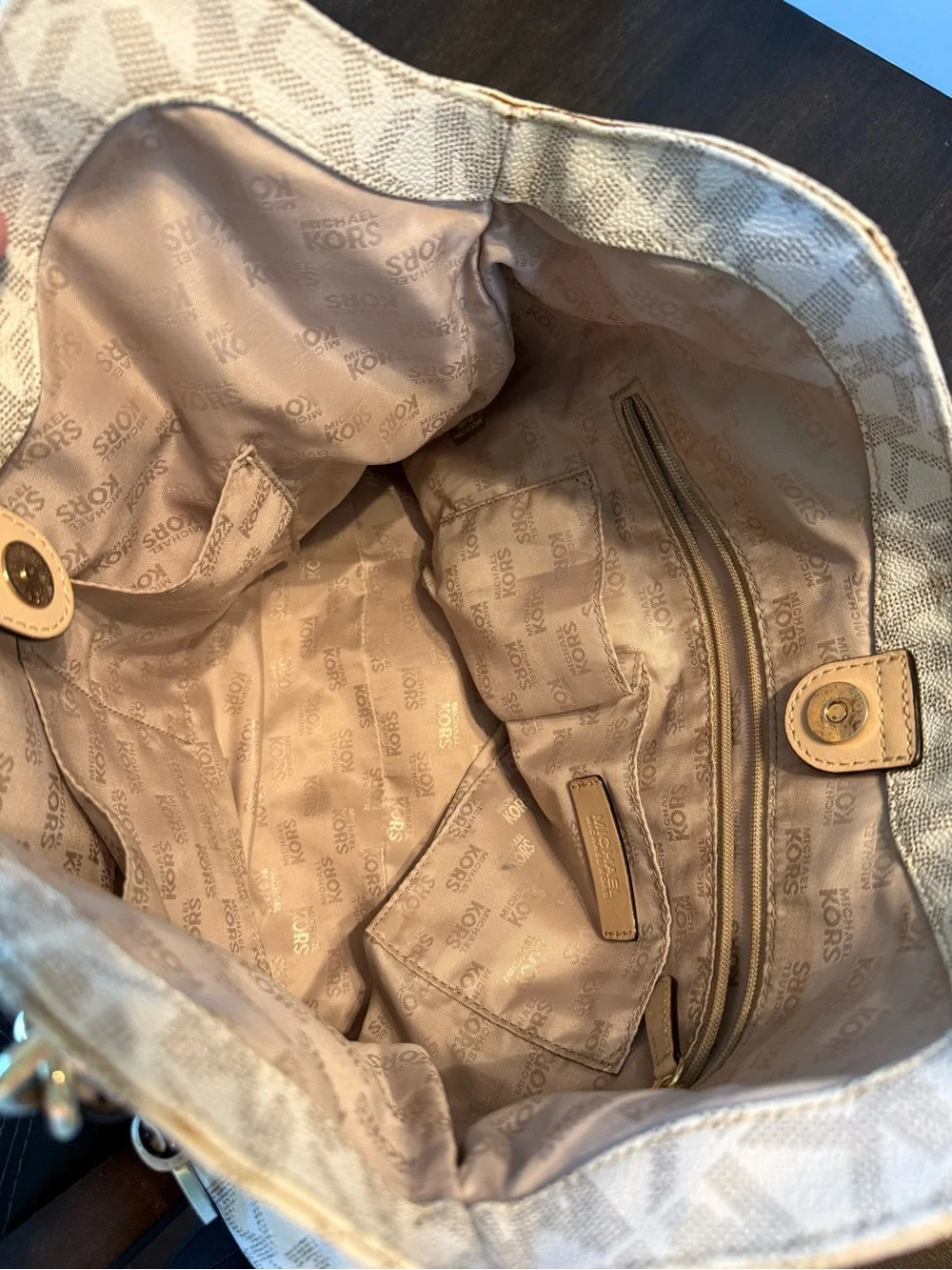 Michael Kors Beige MK Logo Tote with Gold Hardware